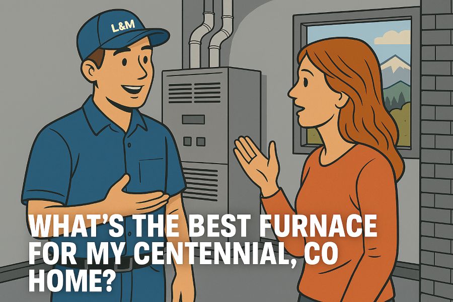 Image of an HVAC installer, talking with a customer with the text overlay: What's the Best Furnace for My Centennial, CO Home?